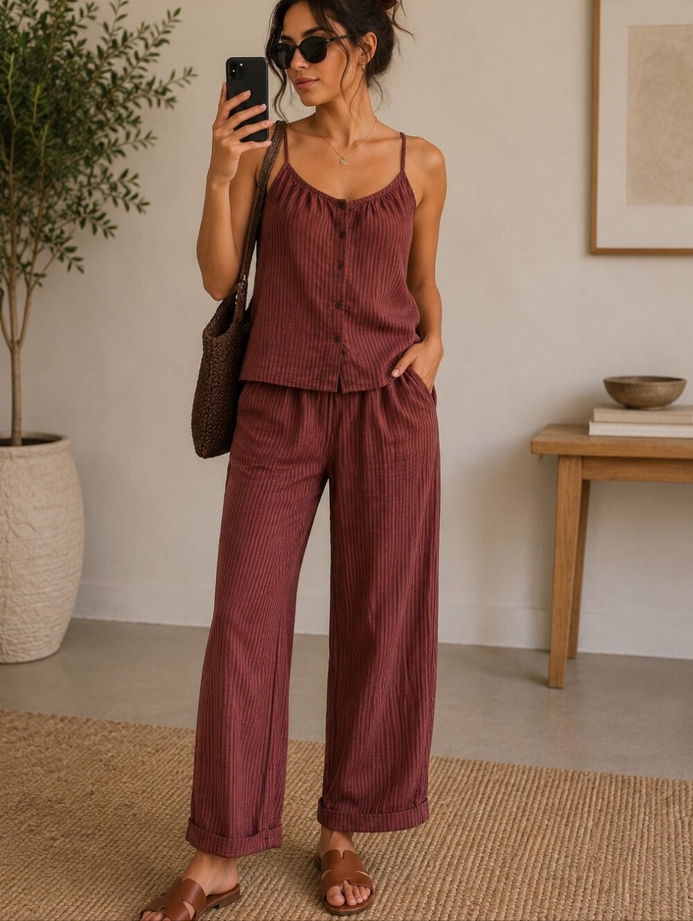 Sundry Red-Striped Two-Piece Tank & Jogger Set